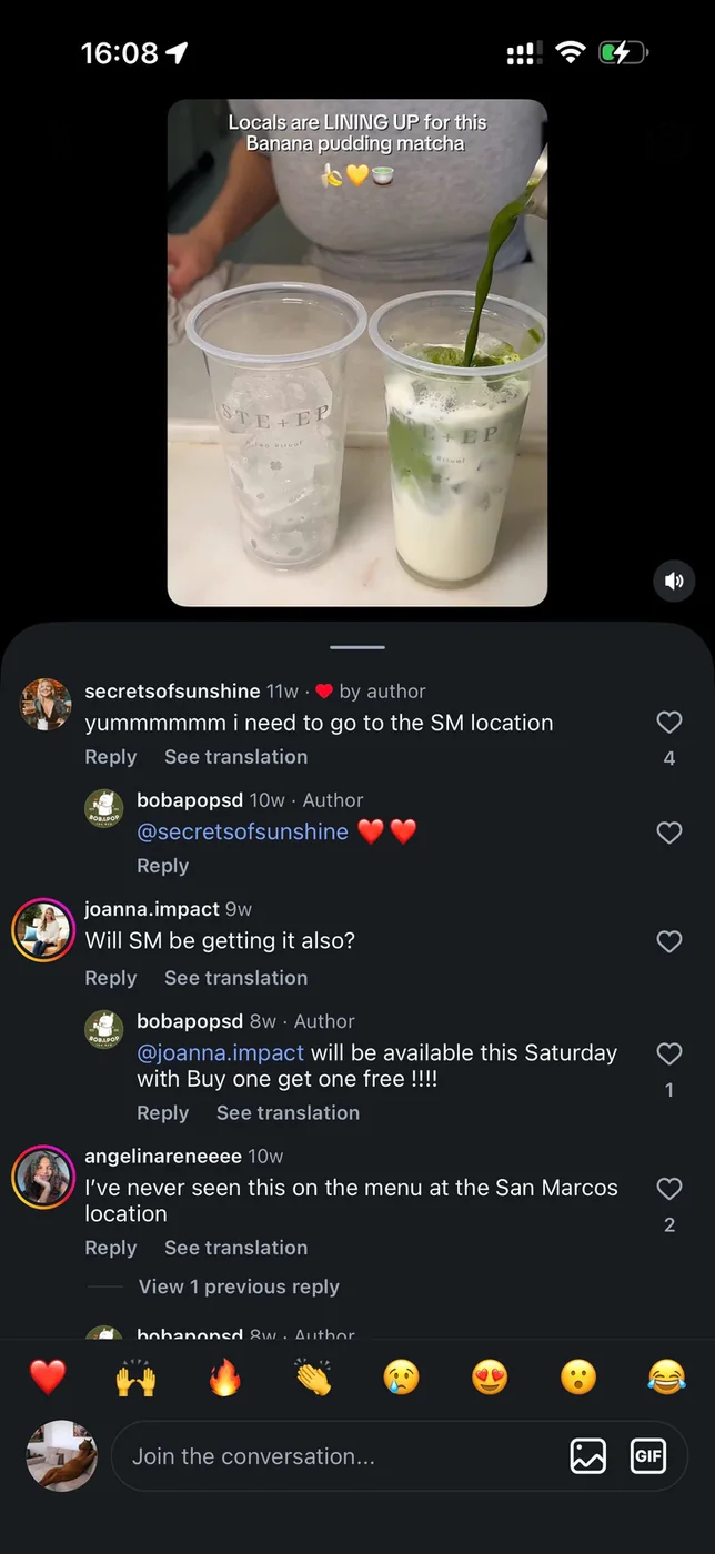 BobaPOP: Comments on the banana pudding matcha reel