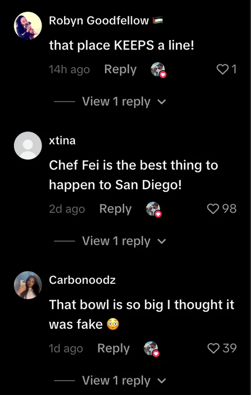 Chef Fei: Comments on a creator post: "that place KEEPS a line!"