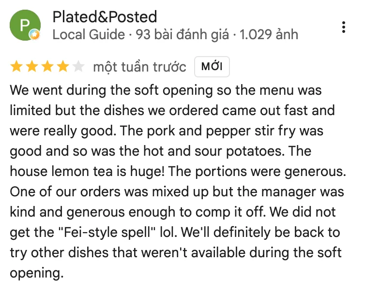 Chef Fei: 4-star Google review from the soft opening