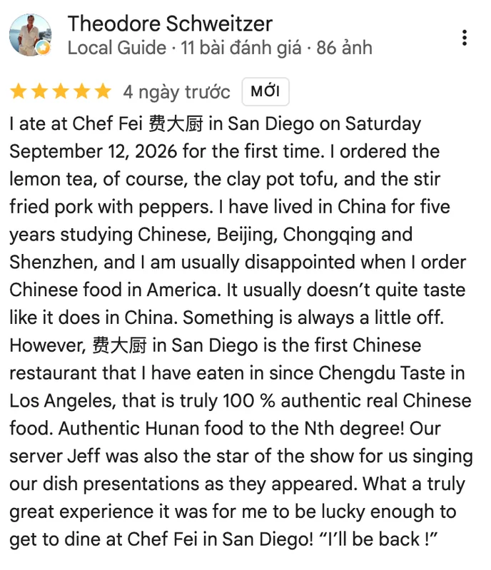 Chef Fei: 5-star Google review from a guest who lived in China, on a first visit (Visit on Sep 12, 2026)