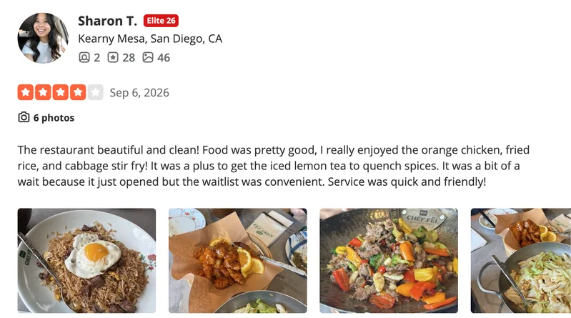 Chef Fei: 4-star Yelp review: beautiful and clean (Sep 6, 2026)