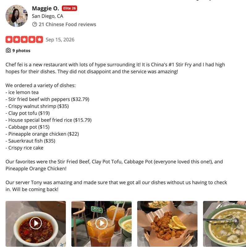 Chef Fei: 5-star Yelp review listing the dishes ordered (Sep 15, 2026)