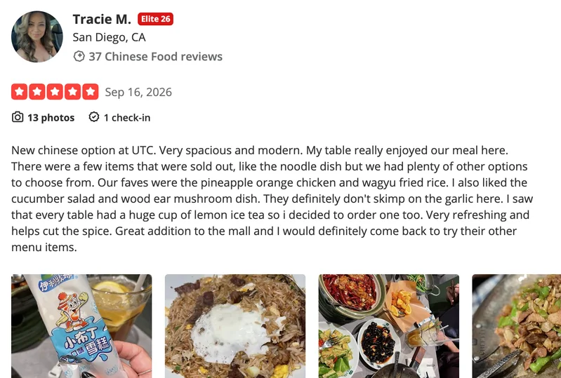 Chef Fei: 5-star Yelp review: a new Chinese option at UTC (Sep 16, 2026)