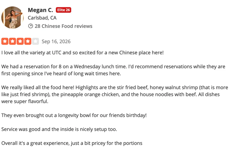 Chef Fei: 4-star Yelp review: excited for a new Chinese place at UTC (Sep 16, 2026)
