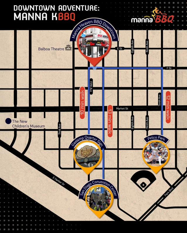 Manna BBQ "Downtown Adventure" map design with walking times from nearby landmarks