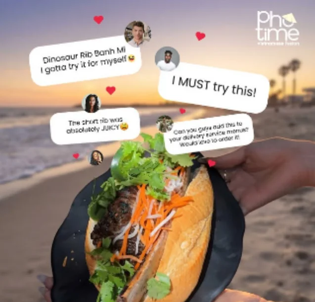 Pho Time Instagram post: the dinosaur rib bánh mì at sunset with fan comments