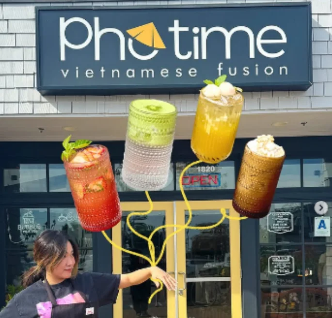 Pho Time post: the storefront sign with three signature drinks