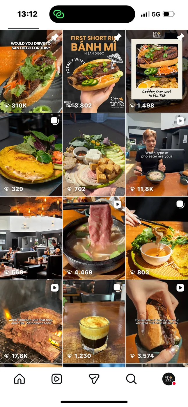 Pho Time: Instagram content grid, with the view count on every post