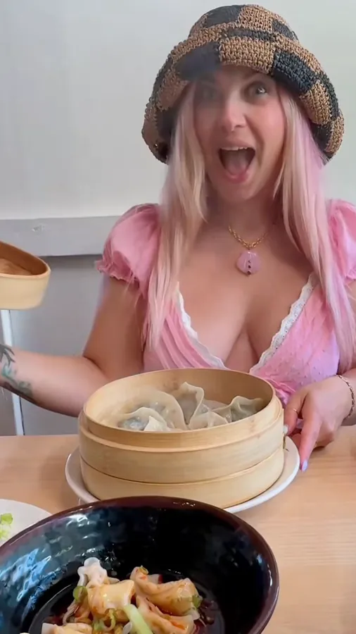 A creator reacting to a bamboo steamer of dumplings and a bowl of dumplings in chili sauce, from a reel by @ashleyspedale