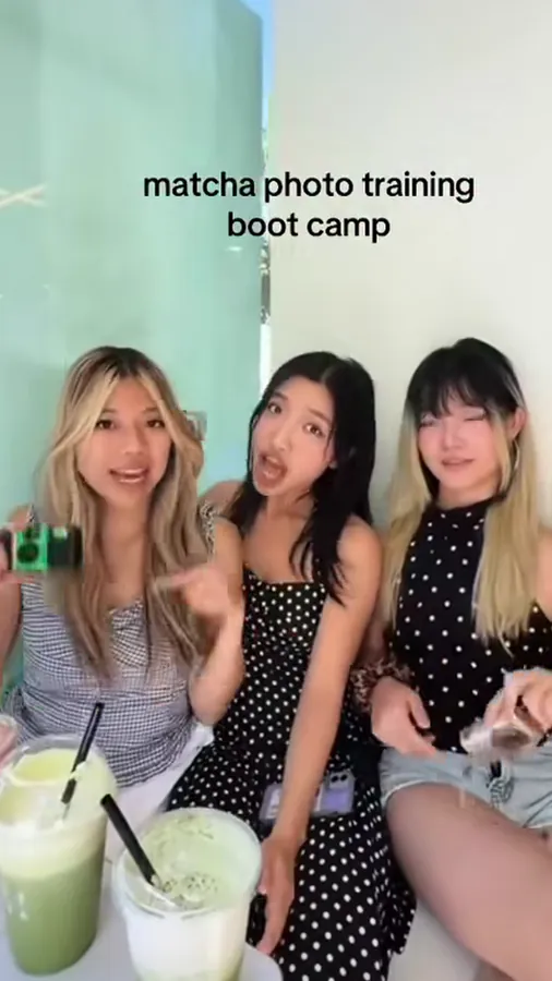 Three friends with iced matcha drinks and a camera, from a reel by @magscarpone